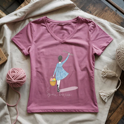 Gone Knitting Lady V-neck - Prismatic Fiber Arts