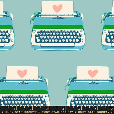 Best Day Ever Turquoise Retro Typewriters Cotton 43"/44" Fabric Per Yard - Prismatic Fiber Arts