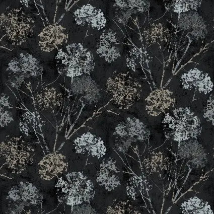 Black Charcoal Dandelion Stamp Cotton Wideback Fabric per yard - Prismatic Fiber Arts