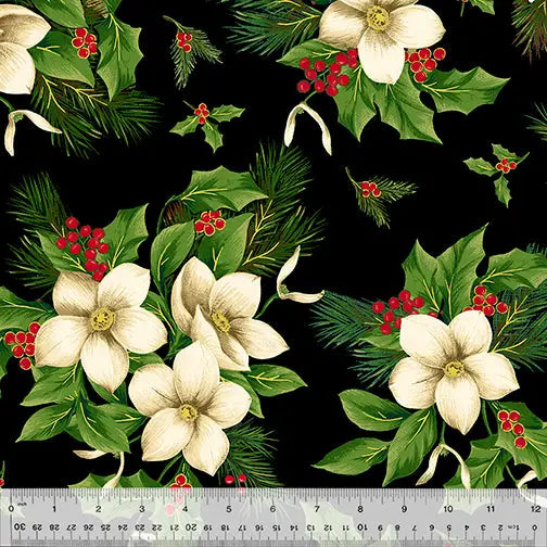 Black Christmas Blooms Wideback Cotton Fabric per yard - Prismatic Fiber Arts