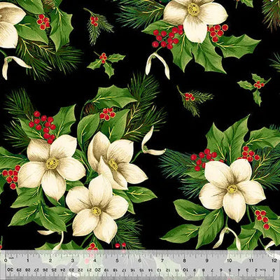 Black Christmas Blooms Wideback Cotton Fabric per yard - Prismatic Fiber Arts