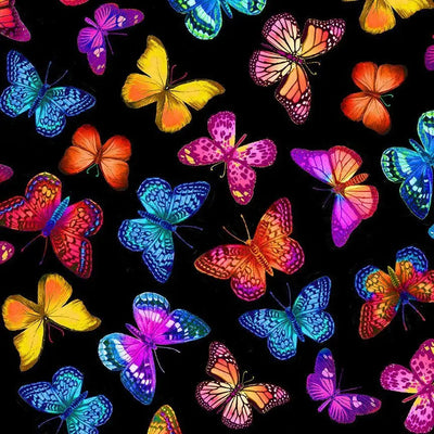 Black Multi Bright Butterlies Flying Bravo Cotton Wideback Fabric Per Yard - Prismatic Fiber Arts