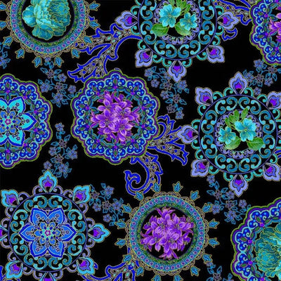 Black Opulent Medallion Cotton Wideback Fabric Per Yard - Prismatic Fiber Arts