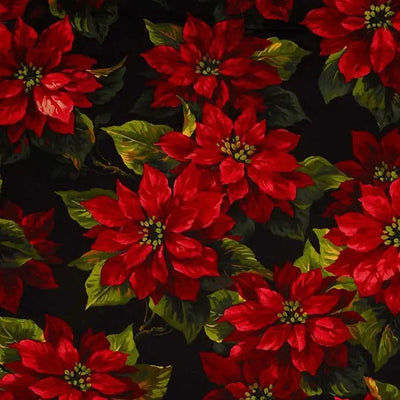 Black Scarlet Poinsettia Cotton Wideback Fabric per yard - Prismatic Fiber Arts