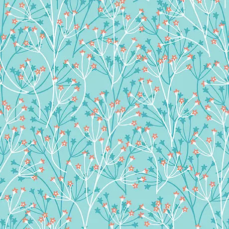 Aqua Dahlias at Dusk Floral Sprigs Cotton 44"/45" Fabric Per Yard - Prismatic Fiber Arts