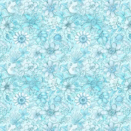Blue Aqua Flower Tonal Wideback Fabric per yard - Prismatic Fiber Arts