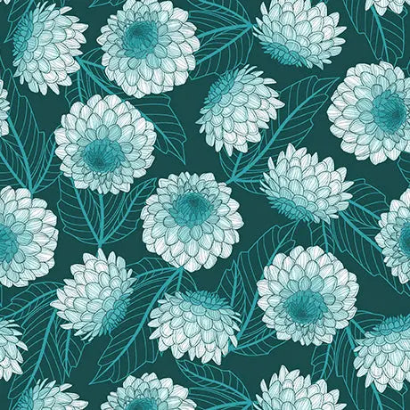 Dark Teal Dahlias at Dusk Dahlias Cotton 44"/45" Fabric Per Yard - Prismatic Fiber Arts