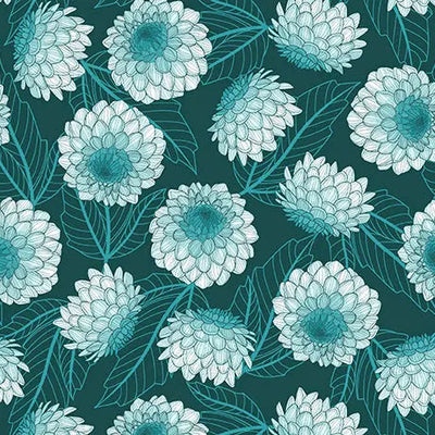 Dark Teal Dahlias at Dusk Dahlias Cotton 44"/45" Fabric Per Yard - Prismatic Fiber Arts