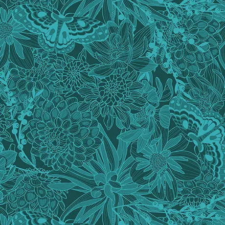 Dark Teal Dahlias at Dusk Tonal Floral & Butterflies Cotton 44"/45" Fabric Per Yard - Prismatic Fiber Arts