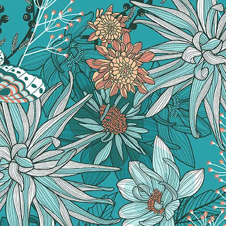 Teal Dahlias at Dusk Dahlias & Butterflies Cotton 44"/45" Fabric Per Yard - Prismatic Fiber Arts