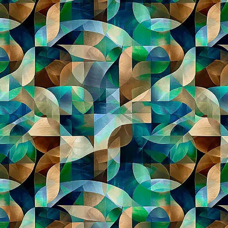 Blue Green Teal Kaleidoscope Geo Cotton Wideback Fabric per yard - Prismatic Fiber Arts