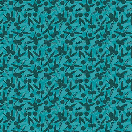 Teal Dahlias at Dusk Leaf & Berries Silhouettes Cotton 44"/45" Fabric Per Yard - Prismatic Fiber Arts