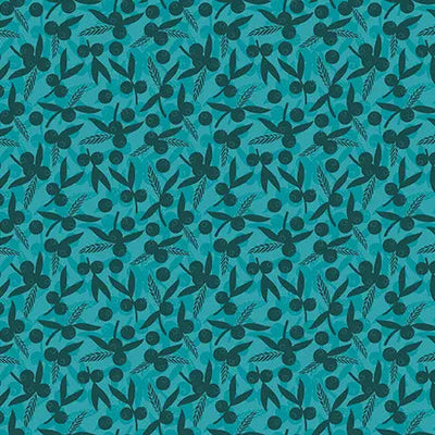 Teal Dahlias at Dusk Leaf & Berries Silhouettes Cotton 44"/45" Fabric Per Yard - Prismatic Fiber Arts