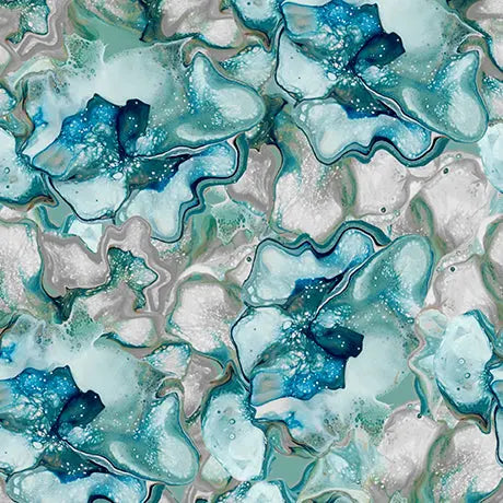 Blue Green Turquoise Fluid Floral Virtuoso Cotton 44"/45" Fabric Per Yard - Prismatic Fiber Arts