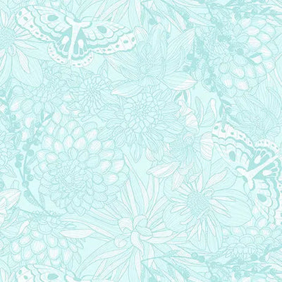 Light Aqua Dahlias at Dusk Tonal Floral & Butterflies Cotton 44"/45" Fabric Per Yard - Prismatic Fiber Arts
