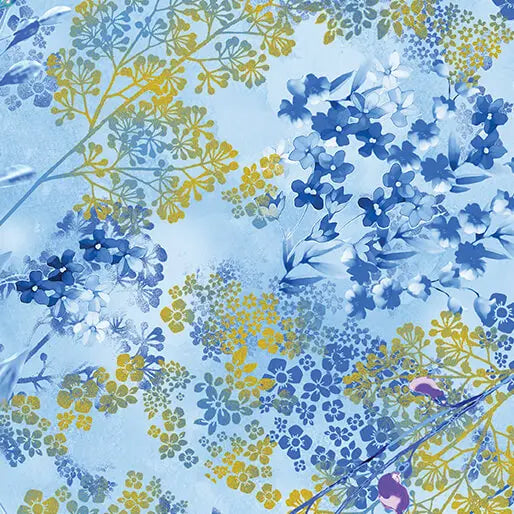 Blue Metallic Sprigs Cotton 44"/45" Fabric Per Yard - Prismatic Fiber Arts