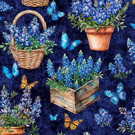 Blue Navy Potted Bluebonnets Cotton 44"/45" Fabric Per Yard - Prismatic Fiber Arts