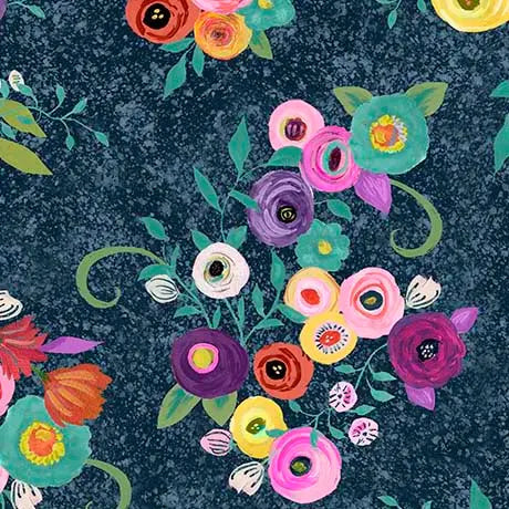 Blue Navy Watercolor Floral Toss Cotton 44"/45" Fabric Per Yard - Prismatic Fiber Arts