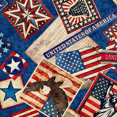 Blue Patriotic Collage Wideback Cotton Fabric per yard - Prismatic Fiber Arts