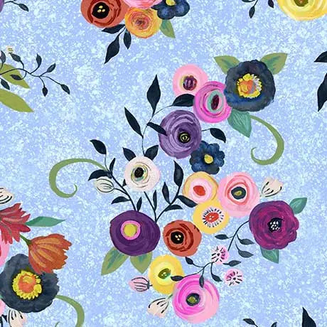 Blue Watercolor Floral Toss Cotton 44"/45" Fabric Per Yard - Prismatic Fiber Arts
