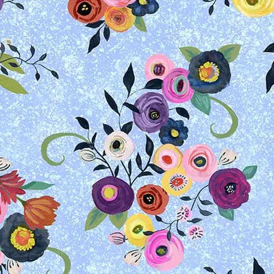 Blue Watercolor Floral Toss Cotton 44"/45" Fabric Per Yard - Prismatic Fiber Arts
