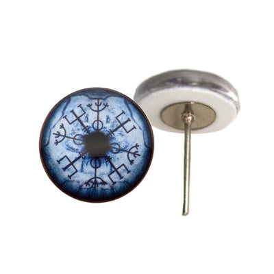 Blue Viking Compass Wolf Vegisir Glass Eyes on Wire Pin Posts
