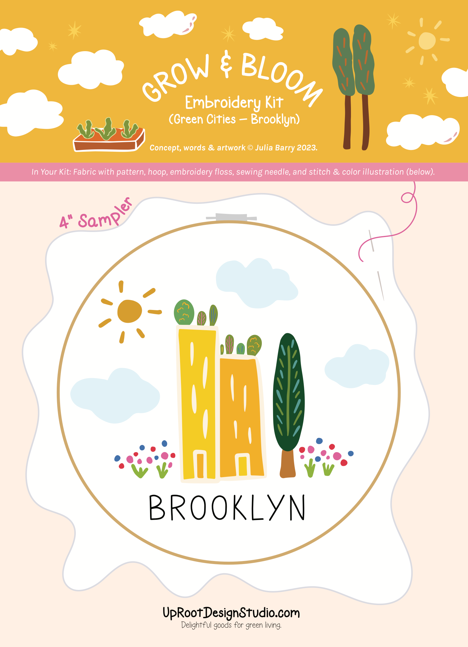 "Brooklyn" Green Cities Eco-Embroidery Kit w. Apartment Gardens, Flowers, Clouds, Tree & Sun 4" Sampler (Joyful Threads Grow & Bloom) - Prismatic Fiber Arts