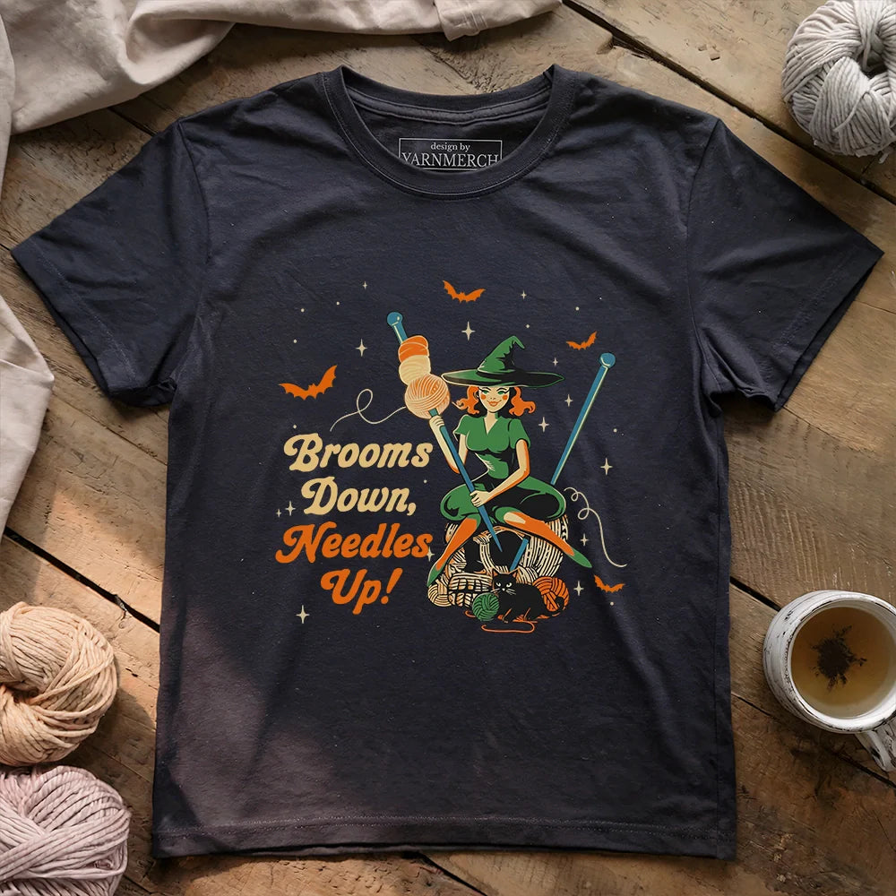 Broom Down, Needles Up T-shirt - Prismatic Fiber Arts