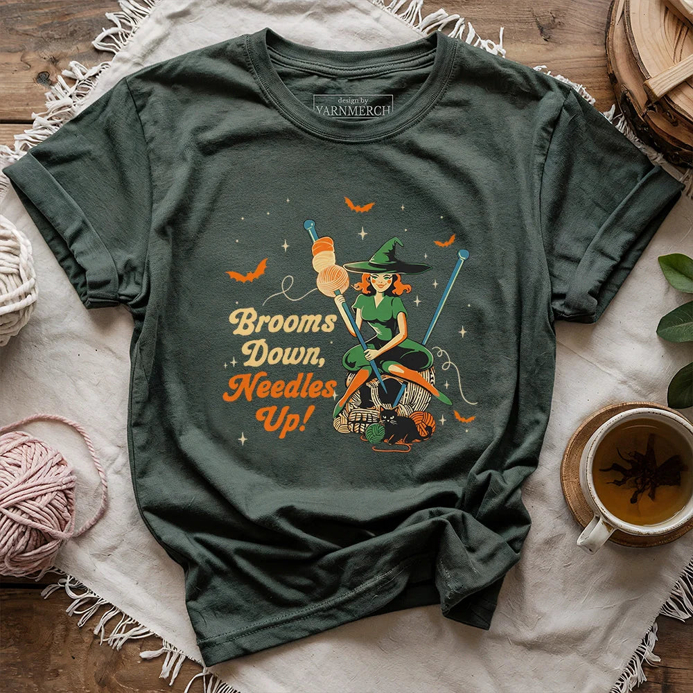 Broom Down, Needles Up T-shirt - Prismatic Fiber Arts