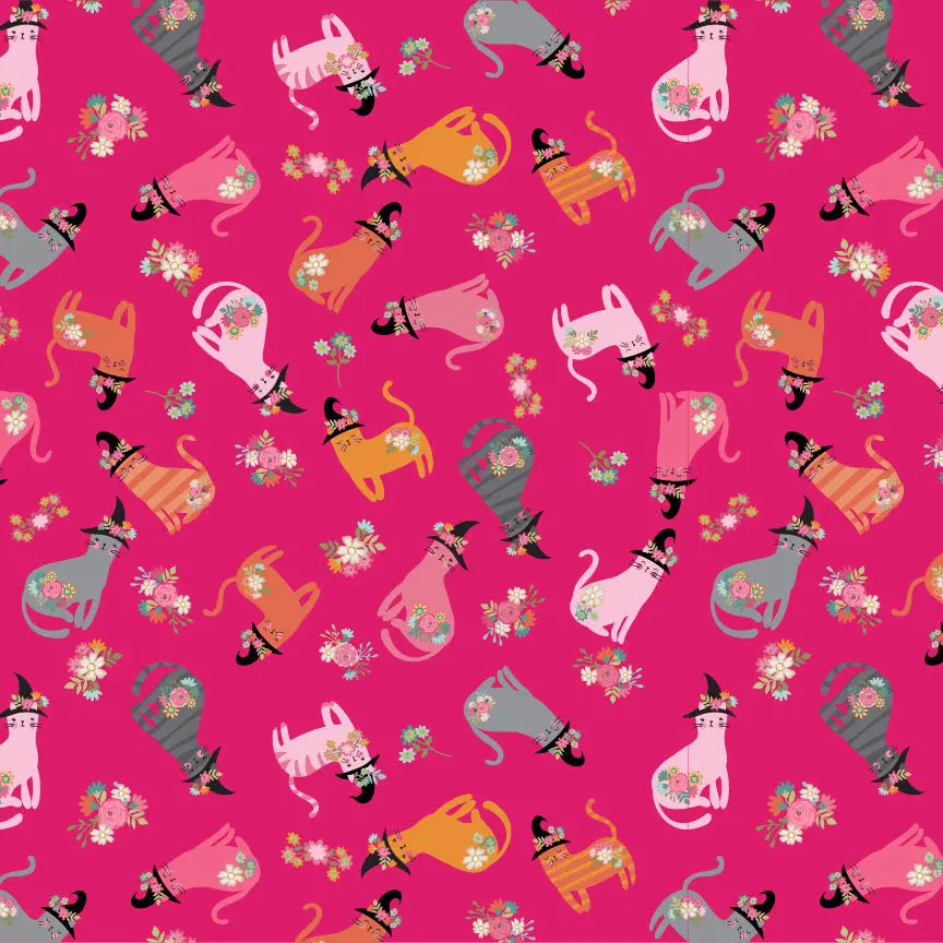 Cats In Hats Poppie Cotton Pink 44"/45" Fabric Per Yard - Prismatic Fiber Arts