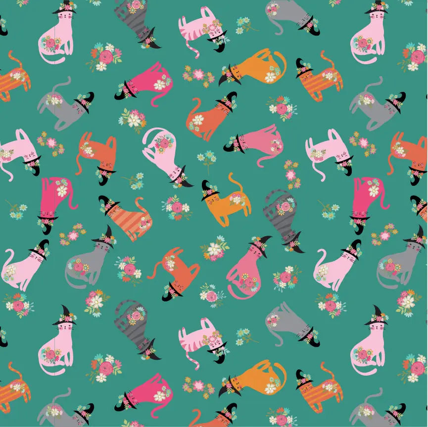Cats In Hats Poppie Cotton Teal 44"/45" Fabric Per Yard - Prismatic Fiber Arts