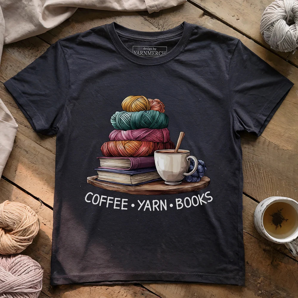 Coffee Yarn Books T-shirt - Prismatic Fiber Arts