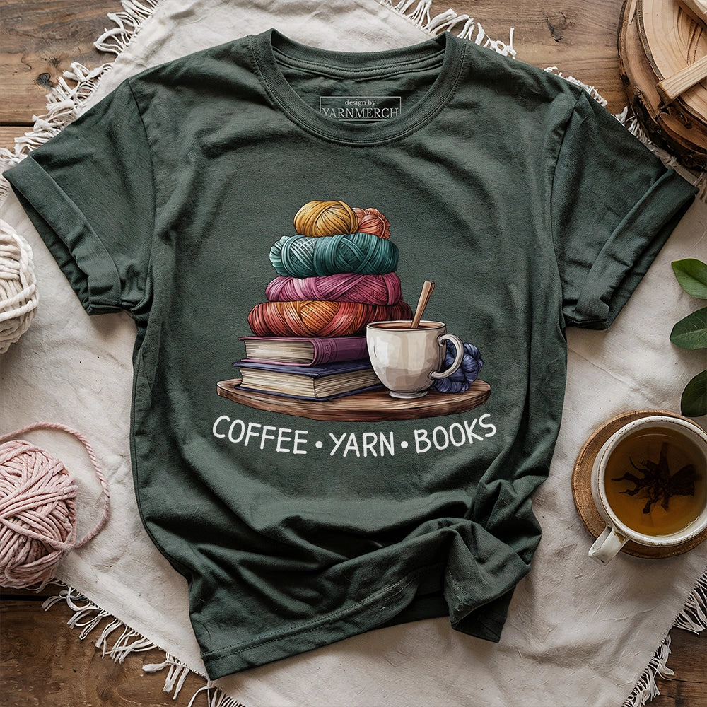 Coffee Yarn Books T-shirt - Prismatic Fiber Arts