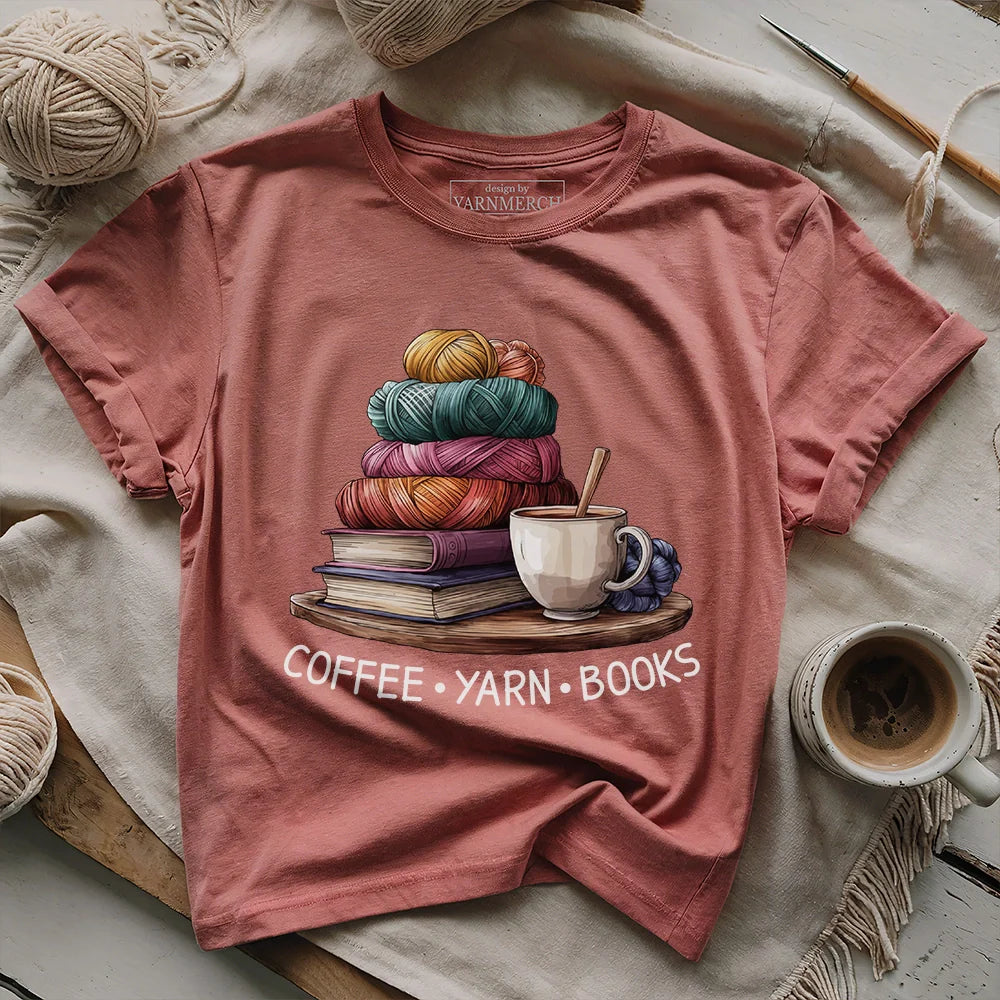 Coffee Yarn Books T-shirt - Prismatic Fiber Arts