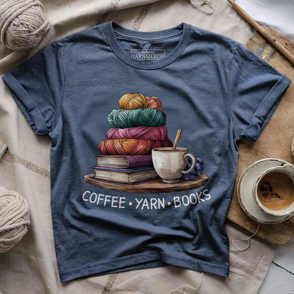 Coffee Yarn Books T-shirt - Prismatic Fiber Arts