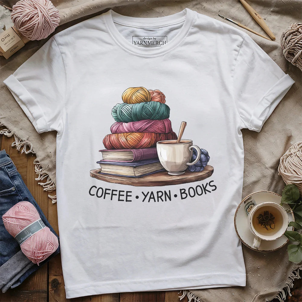 Coffee Yarn Books T-shirt - Prismatic Fiber Arts