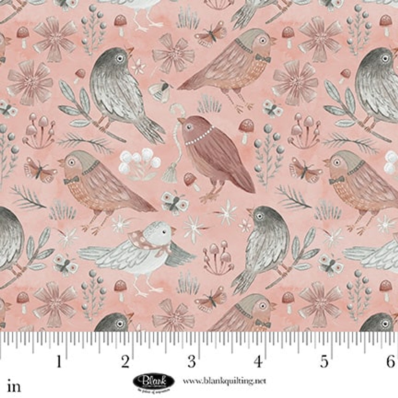 Dusty Rose Birds Petals & Pewter Cotton 44"/45" Fabric Per Yard - Prismatic Fiber Arts