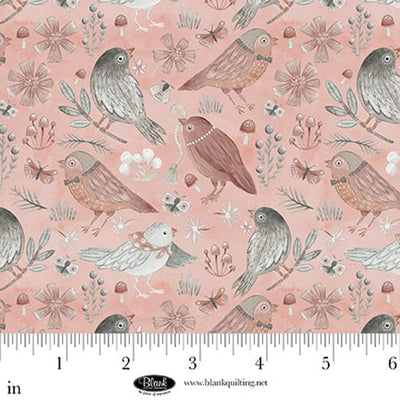 Dusty Rose Birds Petals & Pewter Cotton 44"/45" Fabric Per Yard - Prismatic Fiber Arts