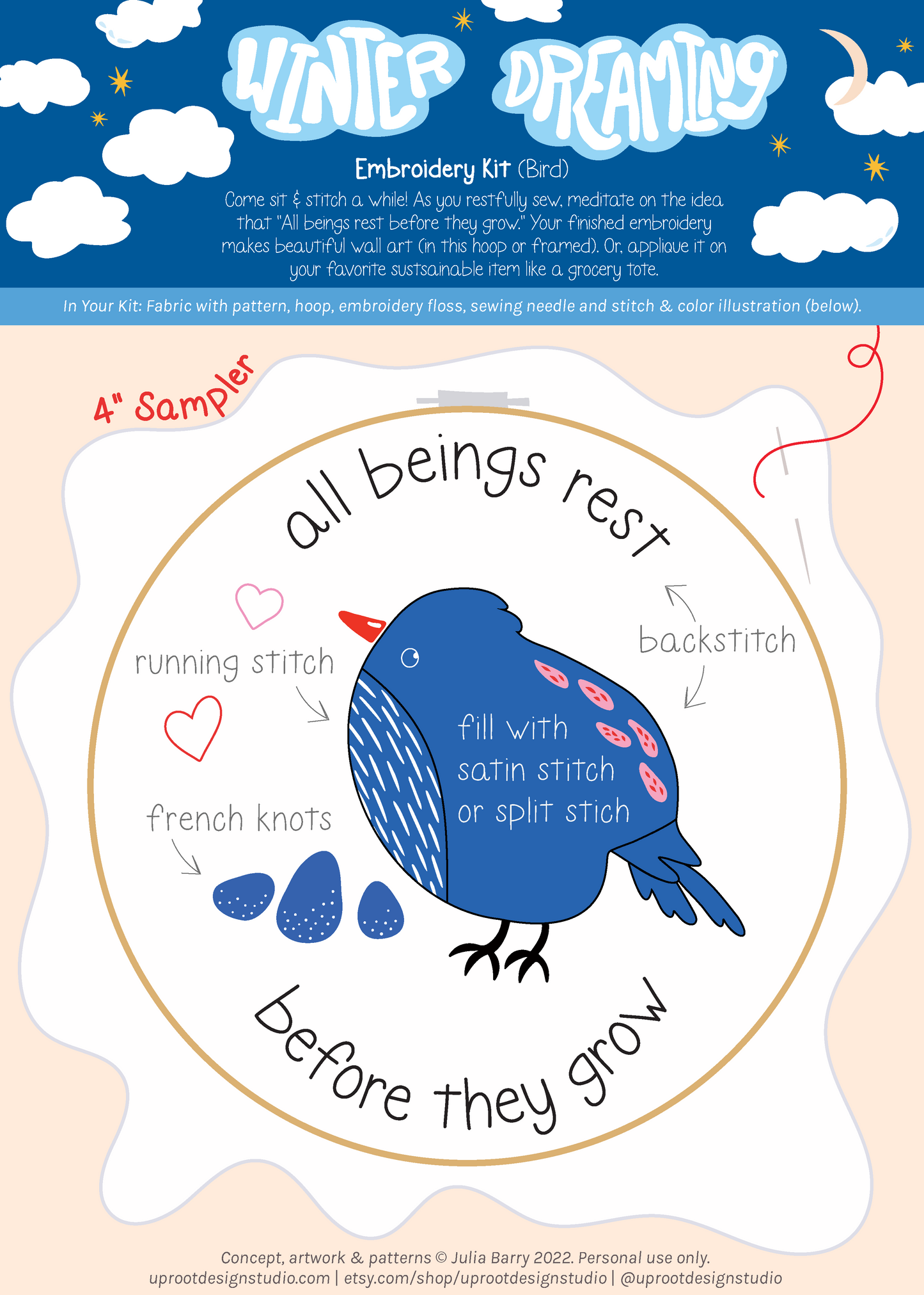 "All Beings Rest" Eco-Embroidery Kit w. Bird Pattern (Joyful Threads Winter Dreaming) - Prismatic Fiber Arts