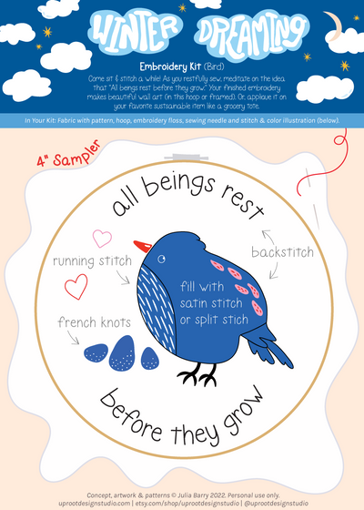 "All Beings Rest" Eco-Embroidery Kit w. Bird Pattern (Joyful Threads Winter Dreaming) - Prismatic Fiber Arts
