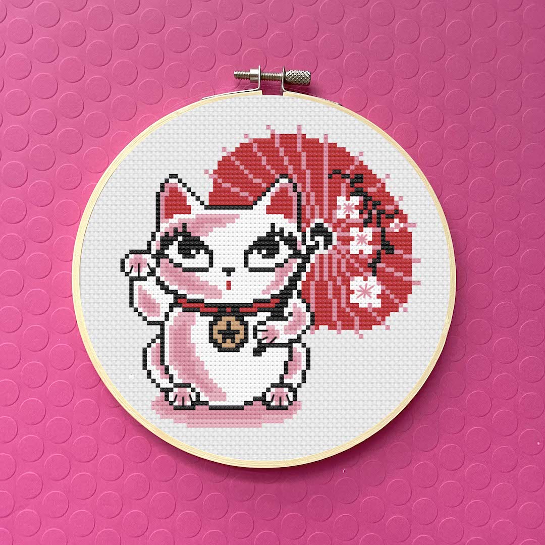 Lucky Kitty by Fluff Counted Cross Stitch Kit - Prismatic Fiber Arts