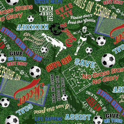Green Soccer Words on Grass Fitness Fanatic 44"/45" Fabric Per Yard - Prismatic Fiber Arts