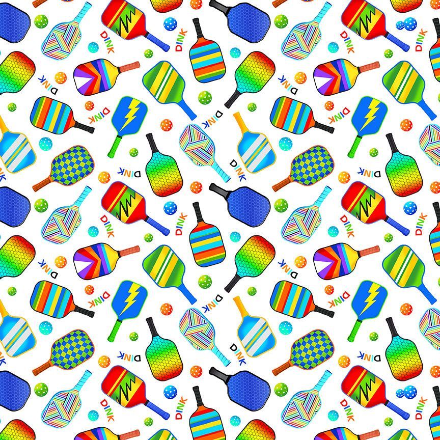 White Pickleball Paddle Fitness Fanatic 44"/45" Fabric Per Yard - Prismatic Fiber Arts