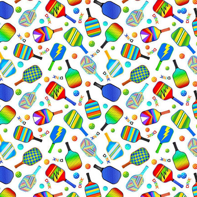 White Pickleball Paddle Fitness Fanatic 44"/45" Fabric Per Yard - Prismatic Fiber Arts