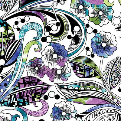 Go with the Flow Floral Swirl White/Multi Cotton 44"/45" Fabric Per Yard - Prismatic Fiber Arts