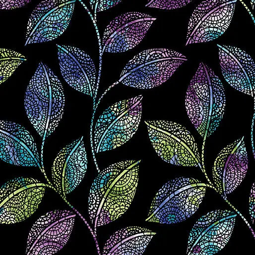 Go with the Flow Mosaic Leaves Black/Multi Cotton 44"/45" Fabric Per Yard - Prismatic Fiber Arts
