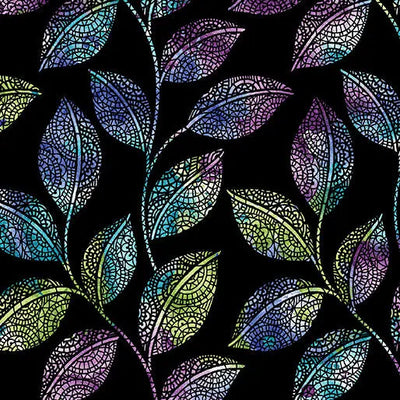 Go with the Flow Mosaic Leaves Black/Multi Cotton 44"/45" Fabric Per Yard - Prismatic Fiber Arts