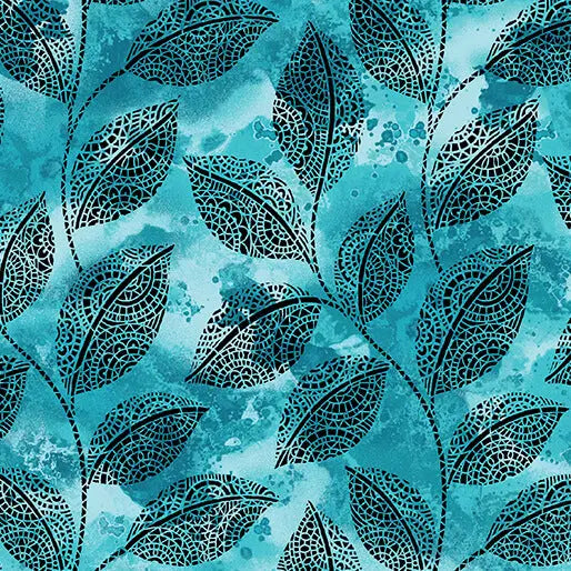 Go with the Flow Mosaic Leaves Turquoise Cotton 44"/45" Fabric Per Yard - Prismatic Fiber Arts