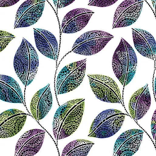 Go with the Flow Mosaic Leaves White/Multi Cotton 44"/45" Fabric Per Yard - Prismatic Fiber Arts
