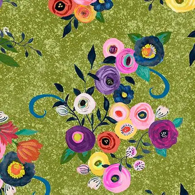 Green Olive Watercolor Floral Toss Cotton 44"/45" Fabric Per Yard - Prismatic Fiber Arts